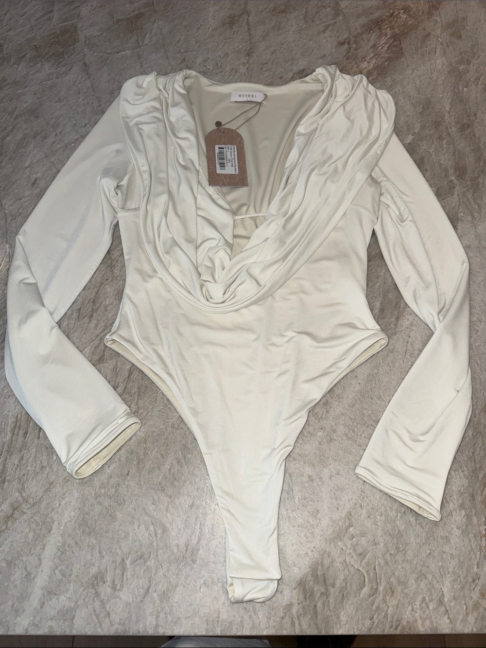 Meshki Cream Draped Cowl Neck Long Sleeve Bodysuit